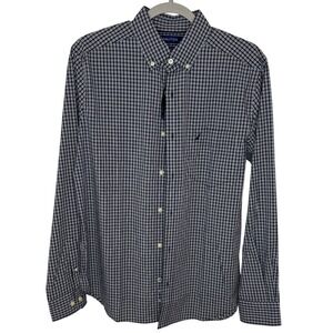 Nautica Mens Stretch Button Down Shirt Plaid Navy White Long Sleeve Size S